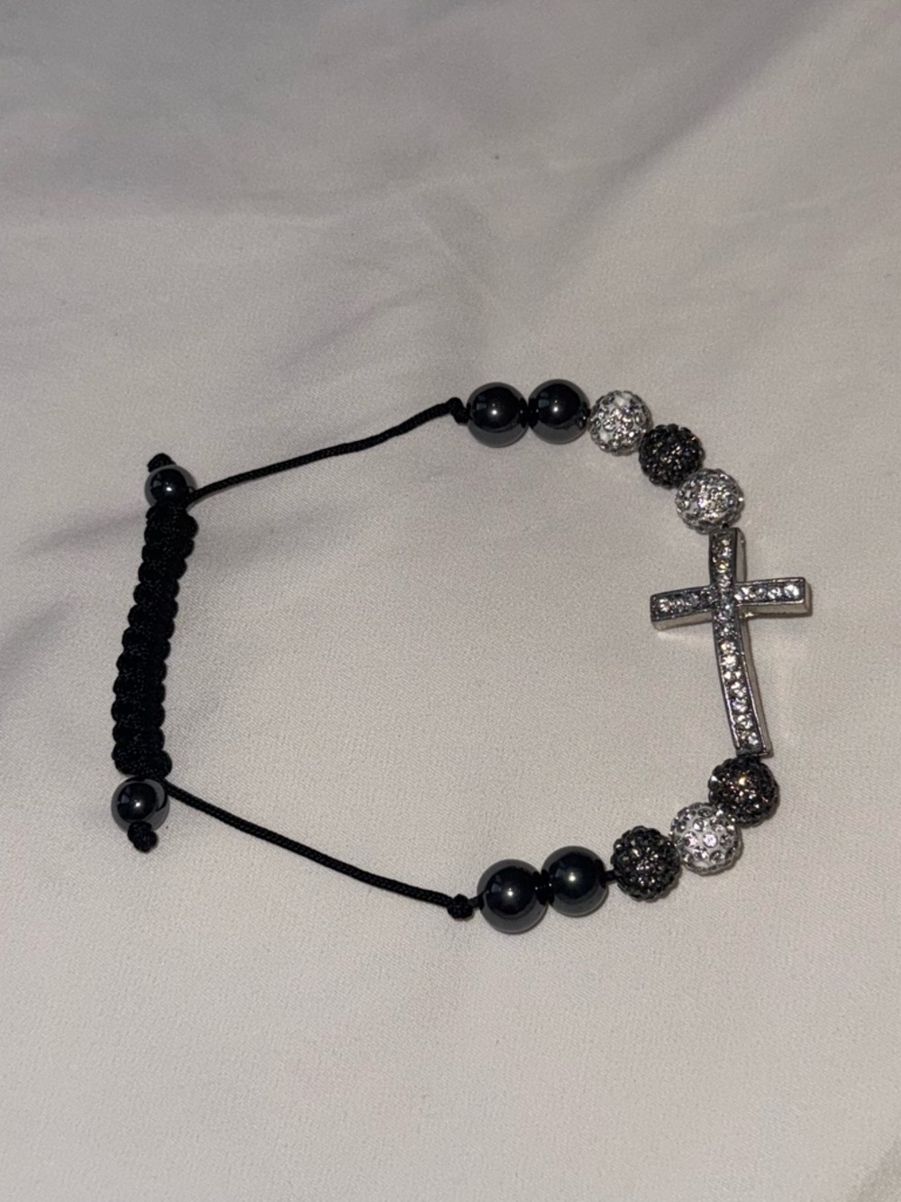 Adjustable Black Beaded Bracelet with Silver Cross Charm
